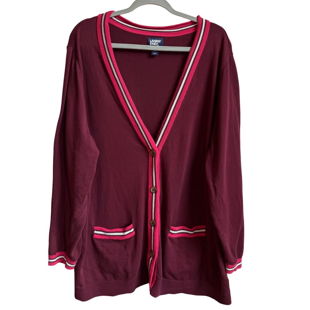 Lands' End Long Cardigan Women 2X Burgundy Pink Striped Trim V-Neck Sweater